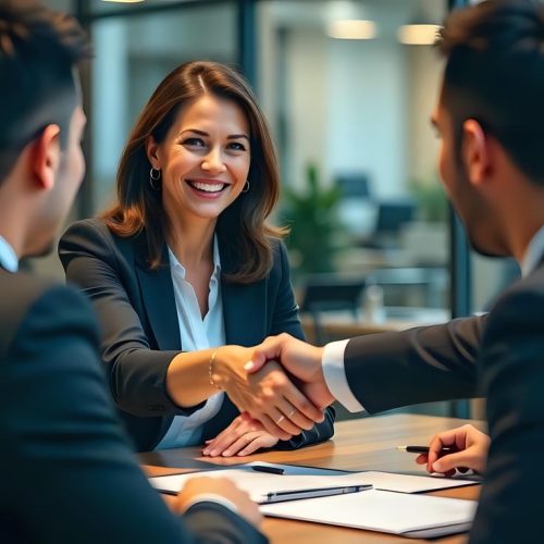 Smiling professionals engaging in a successful…